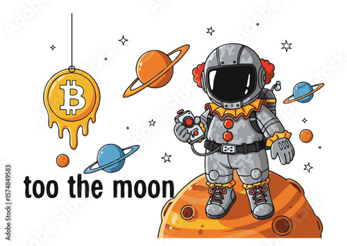 Cartoon Astronaut Clown Standing on Planet with Controller Wearing Gray Suit.