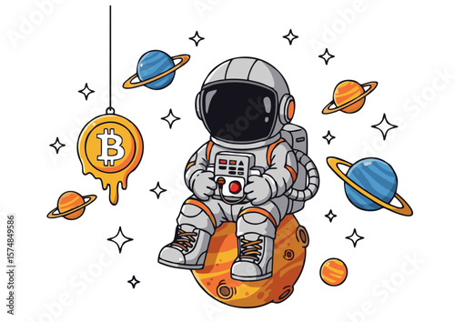 Cartoon Astronaut Sitting on Planet with Bitcoin Charm.