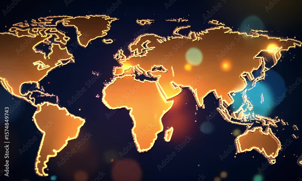 Glowing Golden World Map Animation Over Dark Blue Bokeh Background Showing Global Connectivity