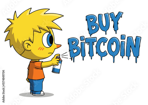 Cartoon Boy Spraying Buy Bitcoin Graffiti with Blue Paint.