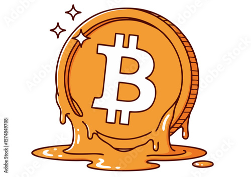 Cartoon Bitcoin Coin Melting with Stars Orange and White.