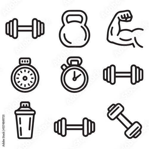 A set of fitness icons displaying dumbbells, kettlebells, a stopwatch, shaker bottle, and a muscular arm