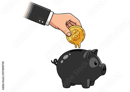 Cartoon Piggy Bank Receiving Bitcoin Coin Illustrating Cryptocurrency Investment and Savings.