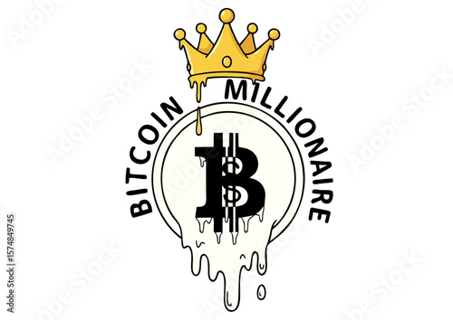 Bitcoin Millionaire Logo with Crown Dripping Effect and Cryptocurrency Symbol.