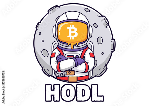 Cartoon Astronaut with Bitcoin Face and Crossed Arms HODL Concept.