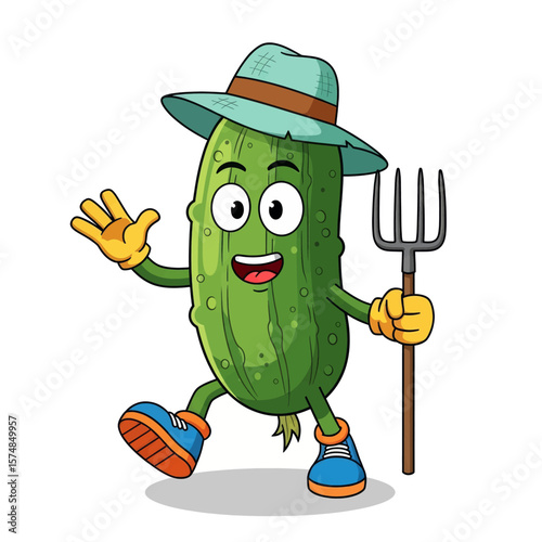 Pickle Farmer Cartoon Character with Pitchfork Vector Illustration