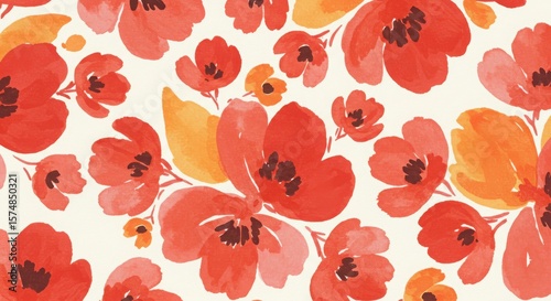 Seamless watercolor floral pattern with beautiful red and orange poppy or anemone flowers.