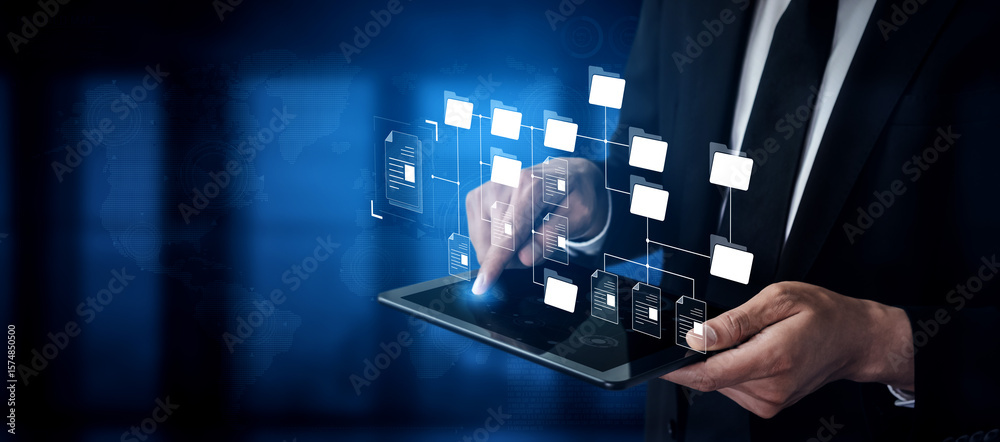 Fototapeta premium Digital file structure showing folder organization, file hierarchy, and document arrangement. File structure supports management, improves access, and file structure enhances clarity. Vouch