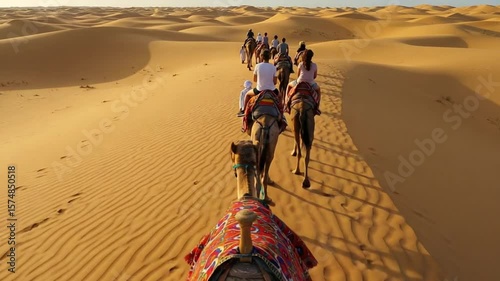 Experience the magic of a camel caravan across the vast expanse of the Thar Desert in Rajasthan,