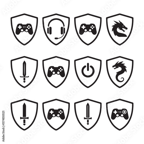 A collection of gaming and fantasy icons featuring game controllers, swords, dragons, and shields