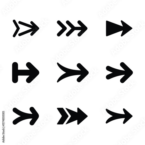 Collection of nine black arrow icons on white background 1