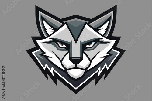 Stern wolf head with piercing blue eyes stares intensely from a stylized greyscale artwork
