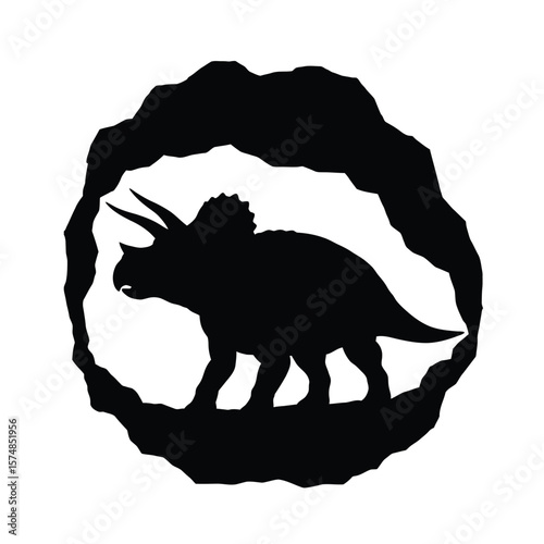 Black silhouette of a triceratops dinosaur in a cave opening