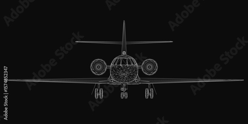 A 3D wireframe model of an aircraft displays intricate structural details against a black background. The transparent design highlights the plane's aerodynamic shape and engineering components.