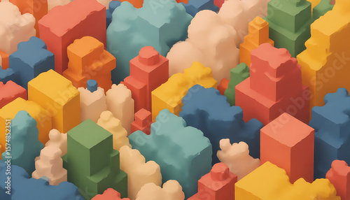 Colorful Abstract Geometric Cubes and Clouds in Bright Pastel Tones
