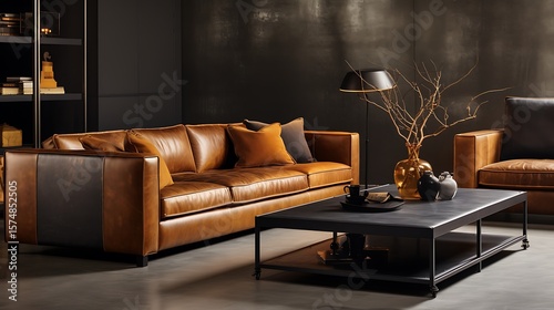 Bronze and jet color theme, industrial concrete finish, moody lighting and refined upholstery with ultra-soft furnishings