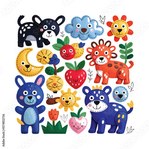 Cute cartoon animals and objects with stitched texture
