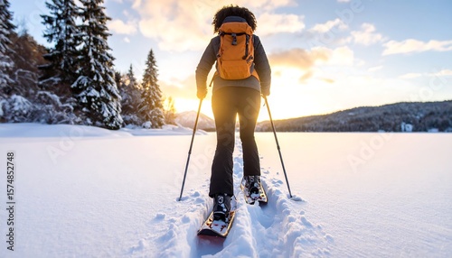 Fototapeta Naklejka Na Ścianę i Meble -  Woman snowshoeing in winter wonderland