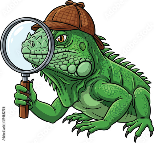 Funny cartoon iguana detective examining clues with a magnifying glass