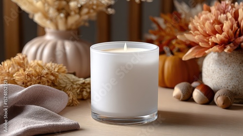 Wallpaper Mural Close-up view showcases an elegant white candle amidst autumn elements like acorns and pumpkins, enhancing the cozy fall vibe Torontodigital.ca