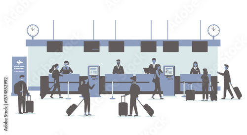 Airport Check-in Area with Passengers and Staff in Flat Vector Style