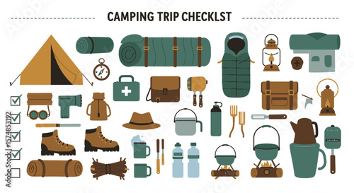Camping Trip Checklist: Essential Gear and Equipment Illustration
