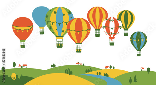 Colorful Hot Air Balloons with Decorative Details in a Whimsical Style