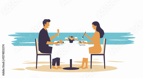 Couple Enjoying Romantic Beachfront Dinner with Champagne and Seafood