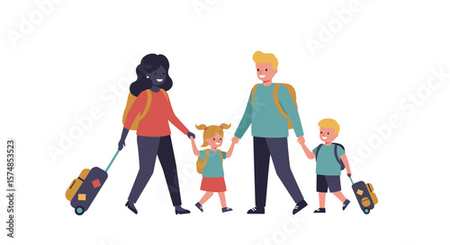 Happy Family Traveling Together with Luggage and Backpacks, Holding Hands, Smiling