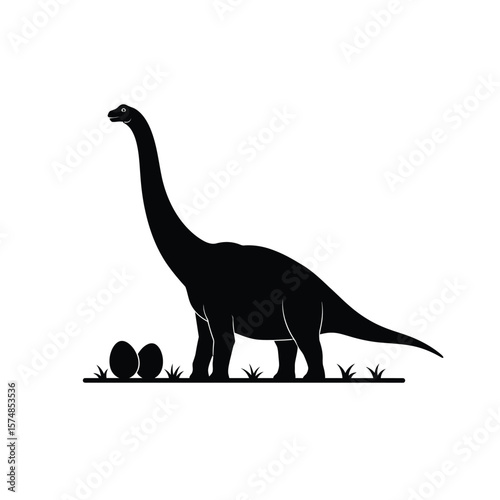 Black silhouette of a Diplodocus dinosaur with eggs