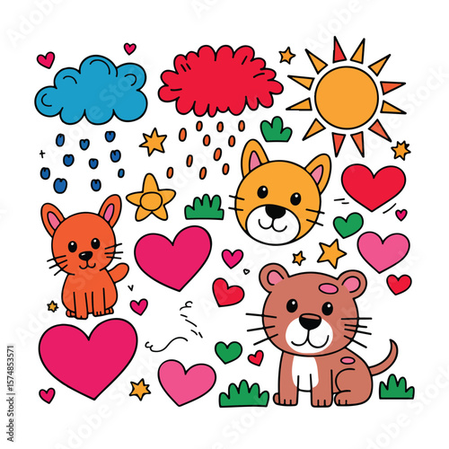 Cute cartoon animals hearts sun and clouds illustration