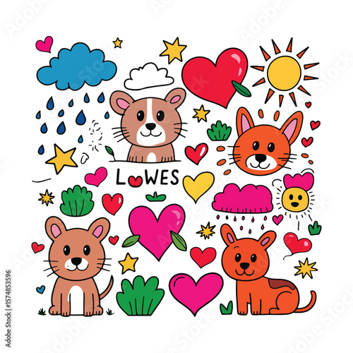 Cute cartoon animals hearts sun clouds and rain drops