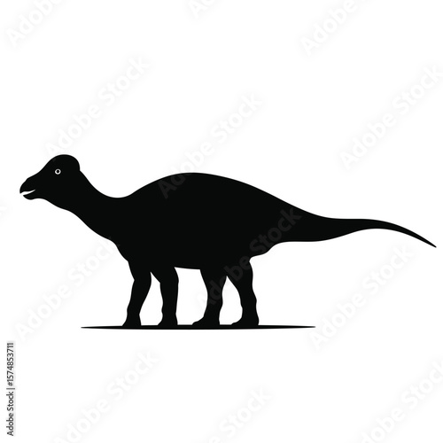 Black silhouette of a duckbilled dinosaur on white