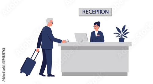 Man with Suitcase at Hotel Reception Desk, Handing Documents to Receptionist