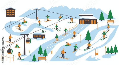 Ski Resort Scene with Skiers, Snowboarders, and Lift in Winter