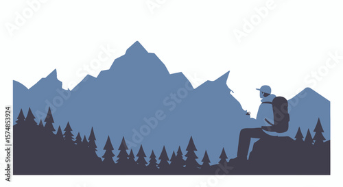 Silhouette of a Hiker with Backpack Contemplating Mountain Landscape