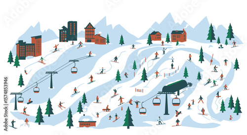 Ski Resort Scene with Skiers, Snowboarders, Lifts, and Mountain Buildings