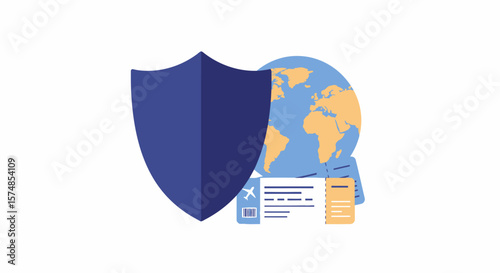 Travel Insurance Shield with Globe and Tickets, Protection Concept