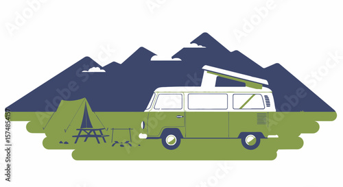 Two-Tone Green and White Camper Van with Pop-Up Roof Illustration