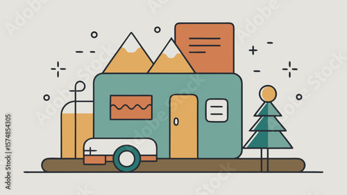Minimalist illustration of a camper trailer in the mountains with trees and snow