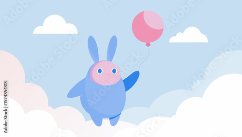 Cute blue cartoon bunny flying in the sky with a pink balloon among white clouds