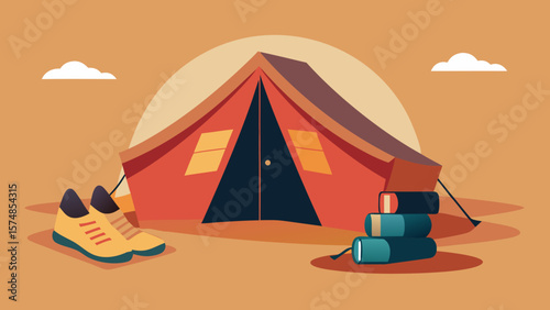 Camping tent with boots and backpacks in front of a sunset in flat vector style