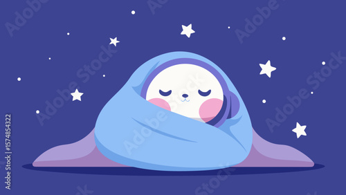 Cute cartoon character sleeping peacefully wrapped in a blanket under starry night sky