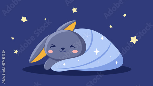 Cute dark bunny sleeping under a starry night sky wrapped in a sparkling blue blanket