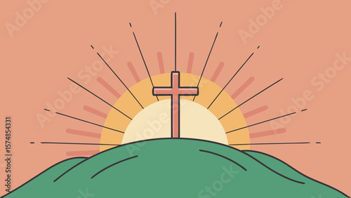 Christian cross on a hill with sunrise and rays of light in minimalist flat style