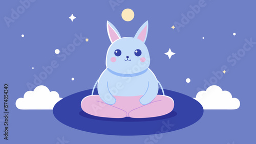 Cute blue bunny meditating peacefully under the night sky with stars and moon