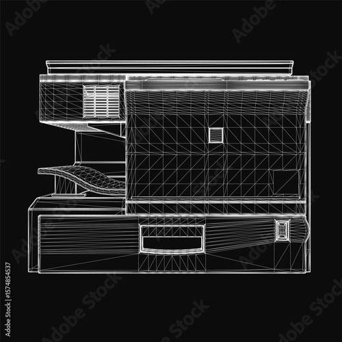 A 3D model of a house on a black background displays a detailed blueprint with clear architectural elements. The design includes precise measurements, clean lines, and a professional layout.