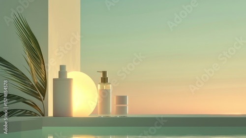 Serene Spa Products Showcase: Minimalist Design with Palm Frond and Dreamy Sunset Backdrop creating calming and luxurious spa vibe.