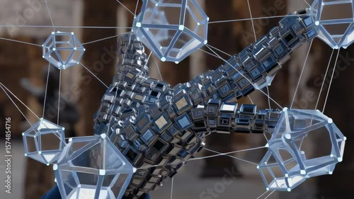 Futuristic robotic hand with geometric shapes in an ancient stone architecture setting