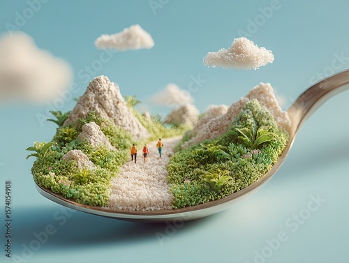 Miniature Hiking Adventure: A Surreal Landscape on a Spoon